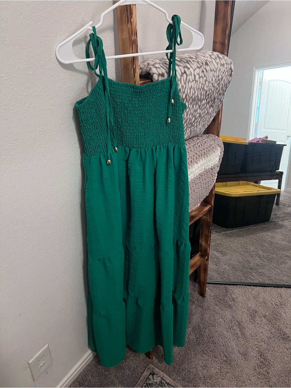 SHEIN Emerald Green Tie-Shoulder Smocked Maxi Dress